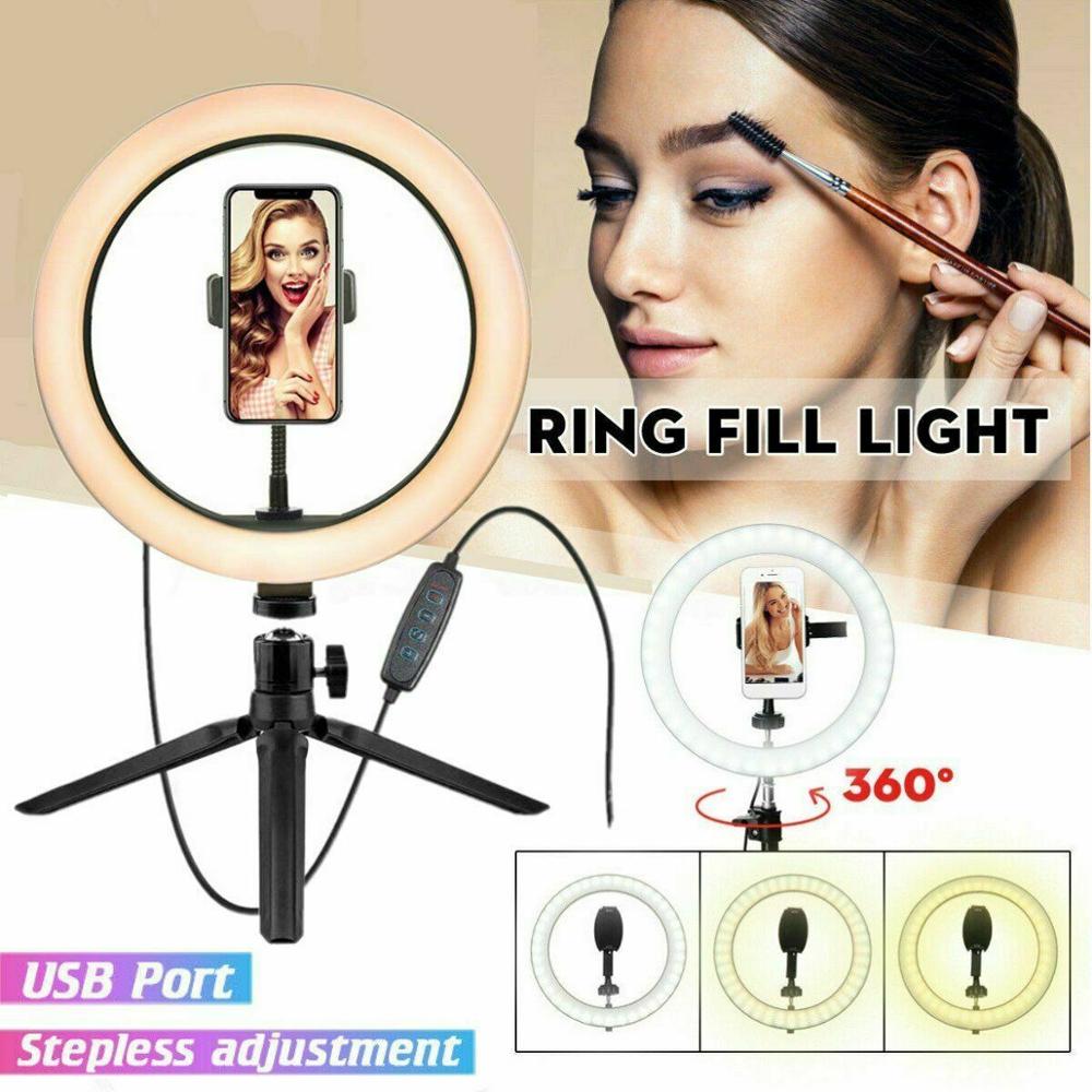 10'' LED Ring Light Lamp Selfie Camera Phone Studio Tripod Stand Video Dimmable Round Portable Selfie Flashlight Makeup Mirror