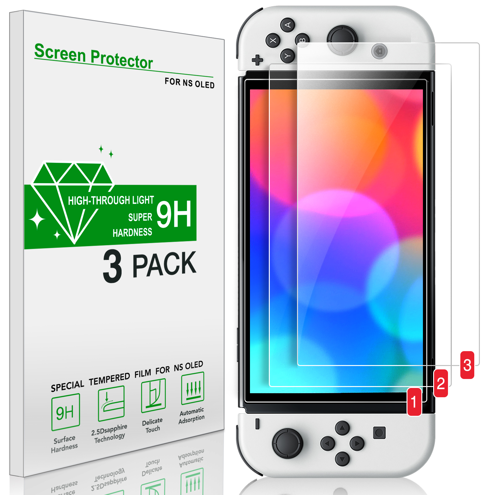 3pc 9h tempered glass screen protector for nintendo switch oled ns, glass accessory film: Default Title