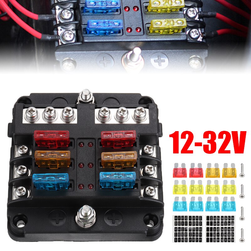 6 Way 12V-32V Auto Car Power Blade Fuses Box Holder Kit For Car Boat Fuse Holder Replacement with 16pcs Fuse 40pcs Sticker