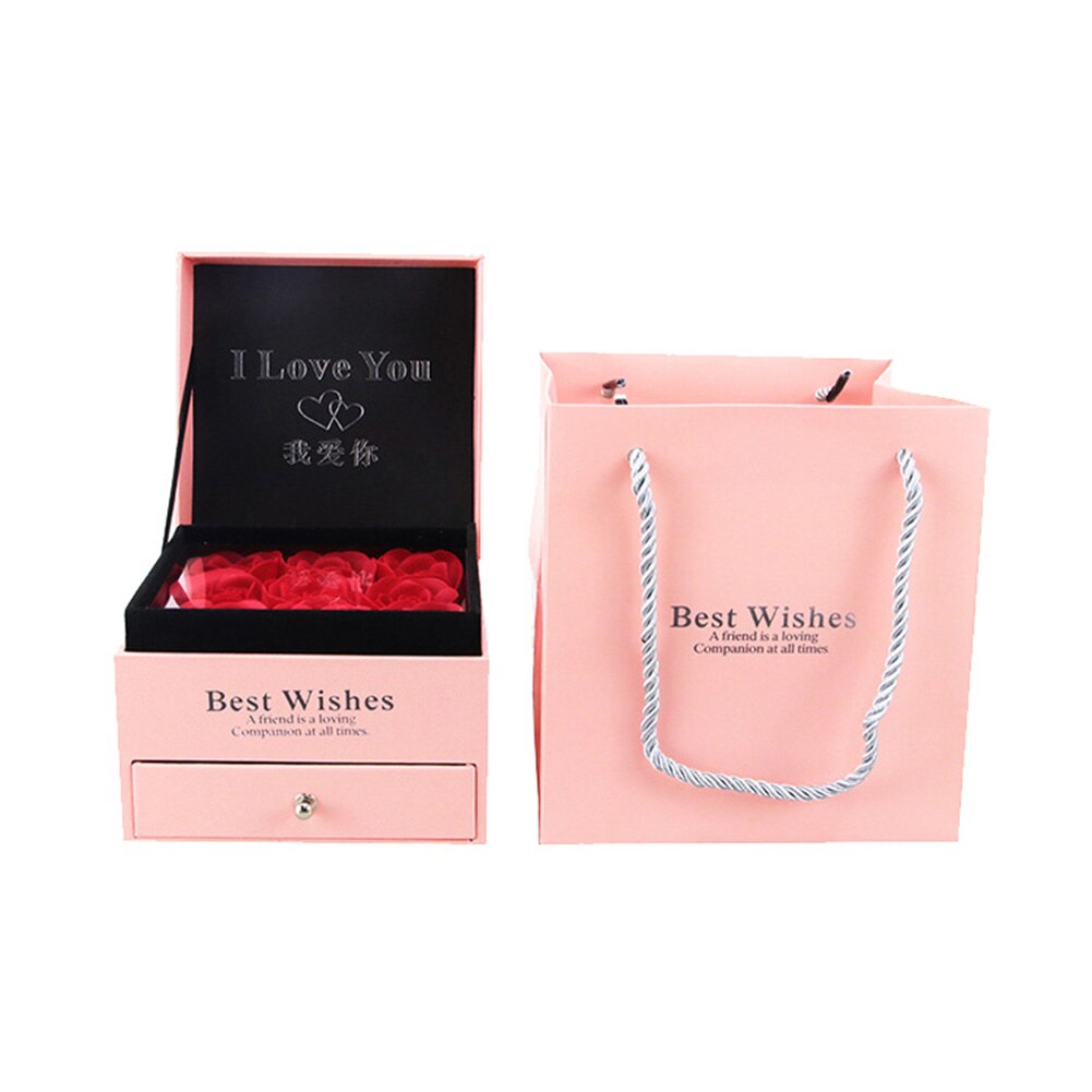 Ring halskæde smykker indehaver papkasse  + 9 stk faux rose blomsterkasse: Lyserød