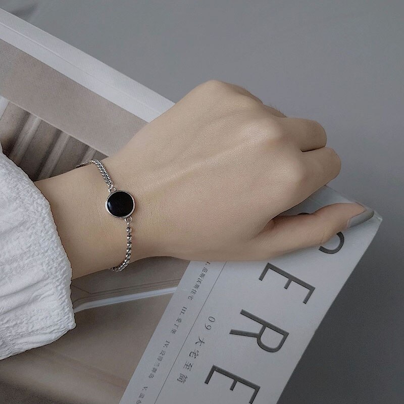 ANENJERY Simple rond noir goutte glaçure étoile charme Thai argent couleur Bracelet pour les femmes perle chaîne bijoux S-B392