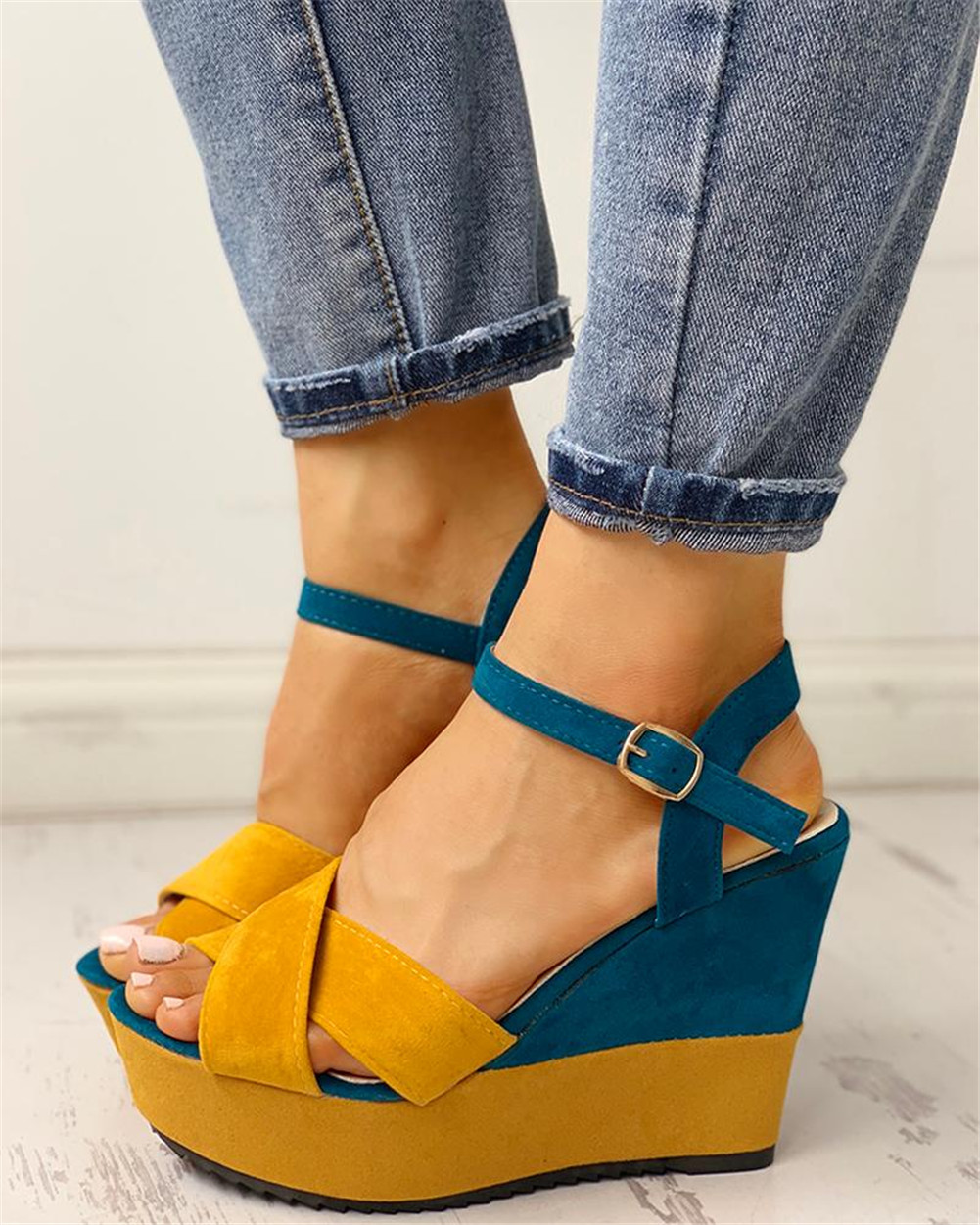 INS ankle-strap Leisure Wedges Women Shoes Summer Sandals Woman patchwork Platform High Heels Shoes Woman: Yellow / 7.5