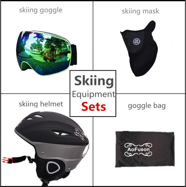 Skihelm bril dubbele lagen anti-condens groot zicht snowboard bril dames heren winter warme sporthelm ski-uitrusting set: Groente