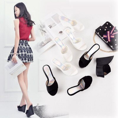 Kvinner tøfler sko høye hæler 13.5cm plattform flokk kiler tøfler svart hvit flat plattform dame sko strand sko