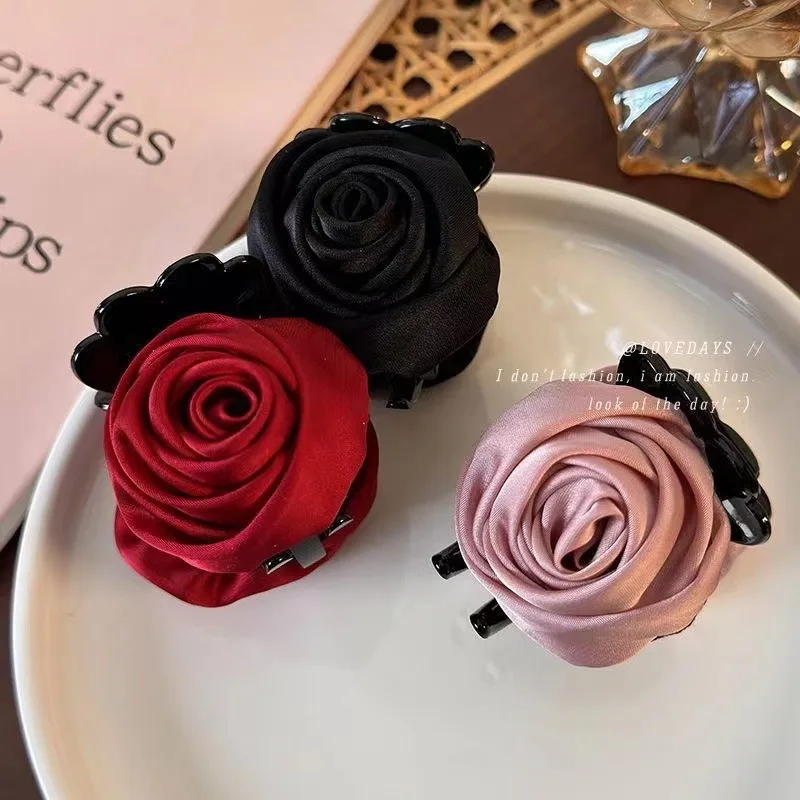 Pinzas en forma de garra para el pelo con flor de rosa grande francesa para mujeres y niñas, accesorios para el pelo de tiburón hechos a mano de tela sólida satinada Vintage, nuevos