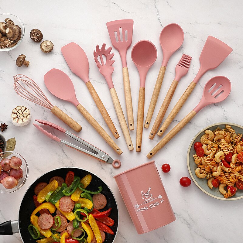 11 st silikon köksredskap set, rosa massivt trä handtag med förvaringslåda, köksutrustning kit köksredskap tillbehör