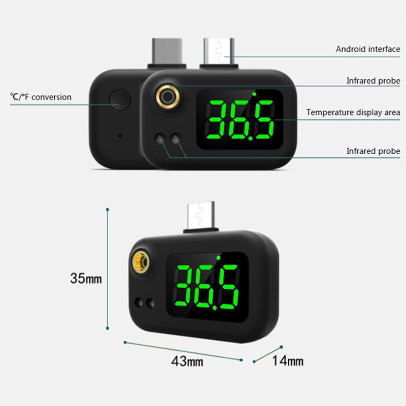 Portable Cell Phone Thermometer USB Thermometer With LED Display Body Temperature Measurement Instrument For Android Phone