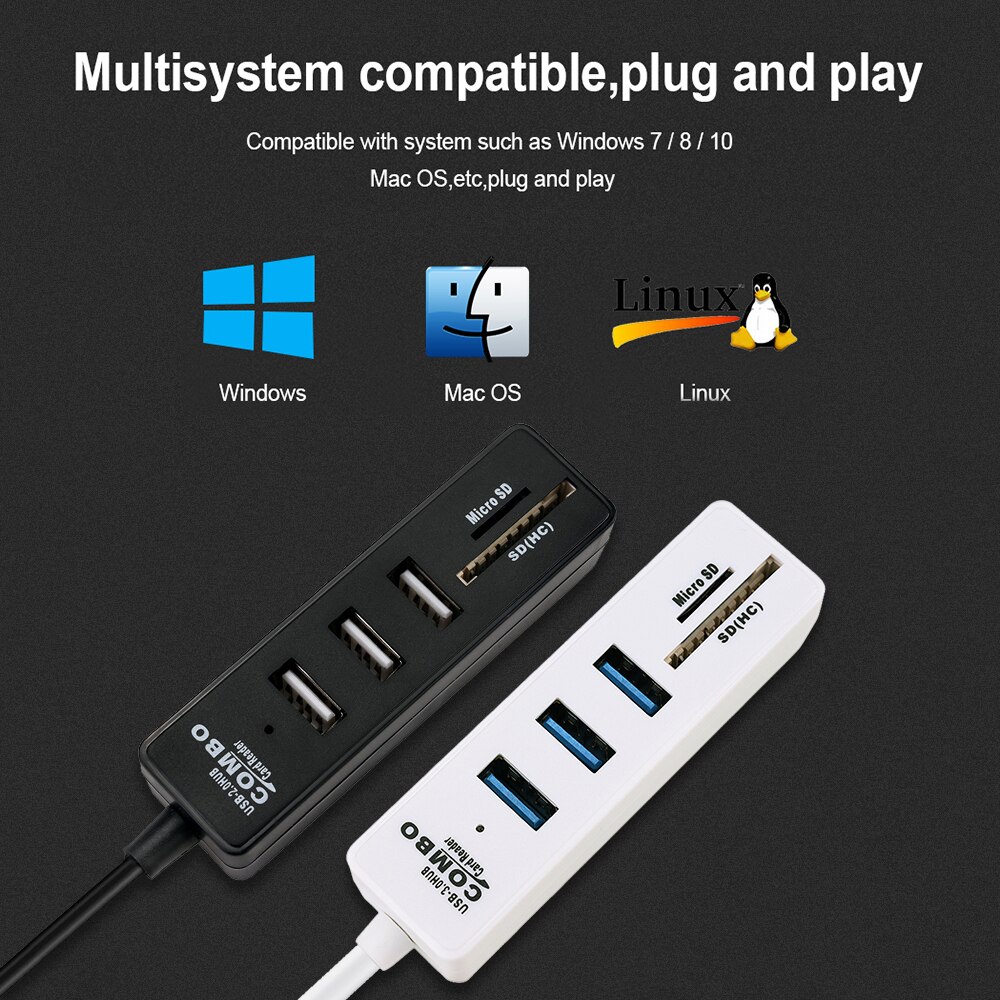 Usb-hub 2.0, multi-usb 2.0- hub, usb-splitter, hoge snelheid, 3 poorten 6 2.0 hb tf sd-kaartlezer, alles-in-één voor pc-computeraccessoires