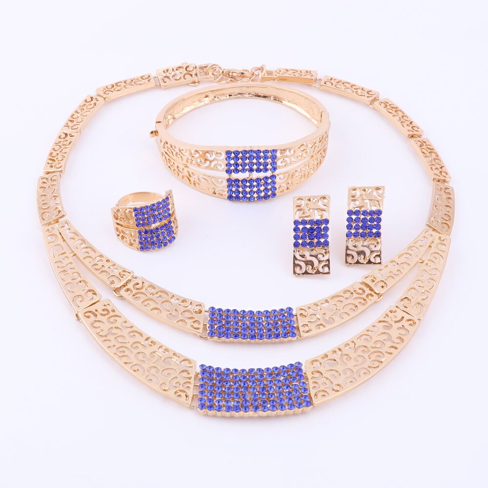 Sieraden Sets Bruiloft Accessoires Afrikaanse Sieraden Sets Goud Kleur Strass Ketting Oorbellen Set Bruids Sieraden Set: Blue Gold