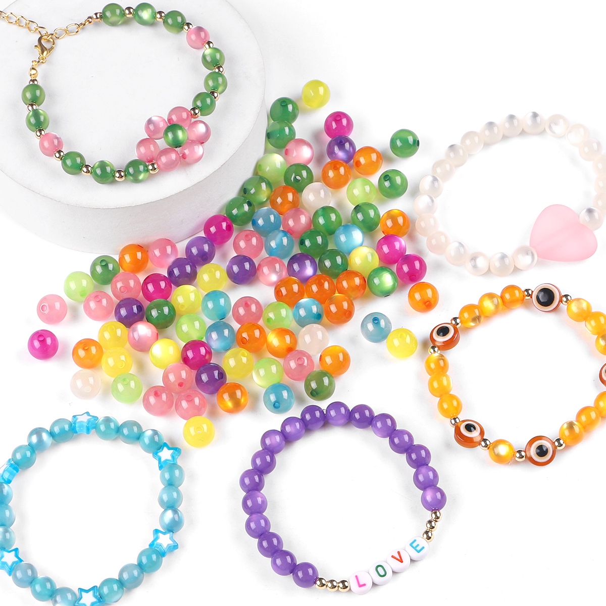 Paquete de 100 Uds. De cuentas redondas de ojo de gato de imitación de resina, cuentas sueltas con agujero recto colorido, accesorios para pendientes de cuentas Diy hechos a mano