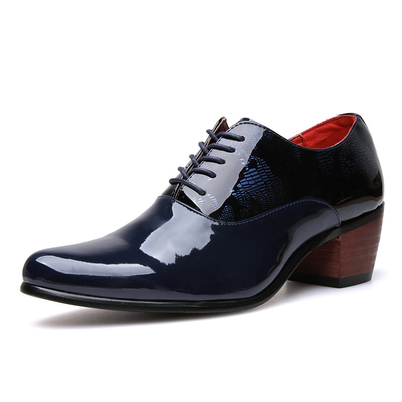 Men Dress Wedding Shoes Patent Glossy Leather 6cm High Heels Pointed Toe Heighten Oxford Shoes Party Prom: Blue / 8.5