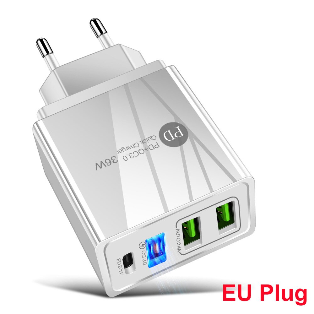 Floveme 36W Usb Charger Quick Charge 3.0 Type C Pd 20W Snelle Opladen Lader Voor Iphone 12 Samsung xiaomi Mobiele Telefoon Oplader: EU Plug White
