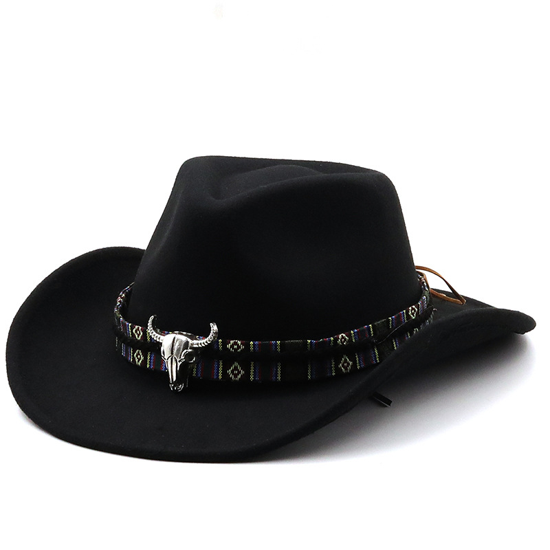 Western Cowboy Hoed Met Koe Hoofd Band Brede Rand Hoed Pop Jazz Hoed Winter Mannen Vrouwen Jazz Wollen Muts koe Meisje Hoed: Black