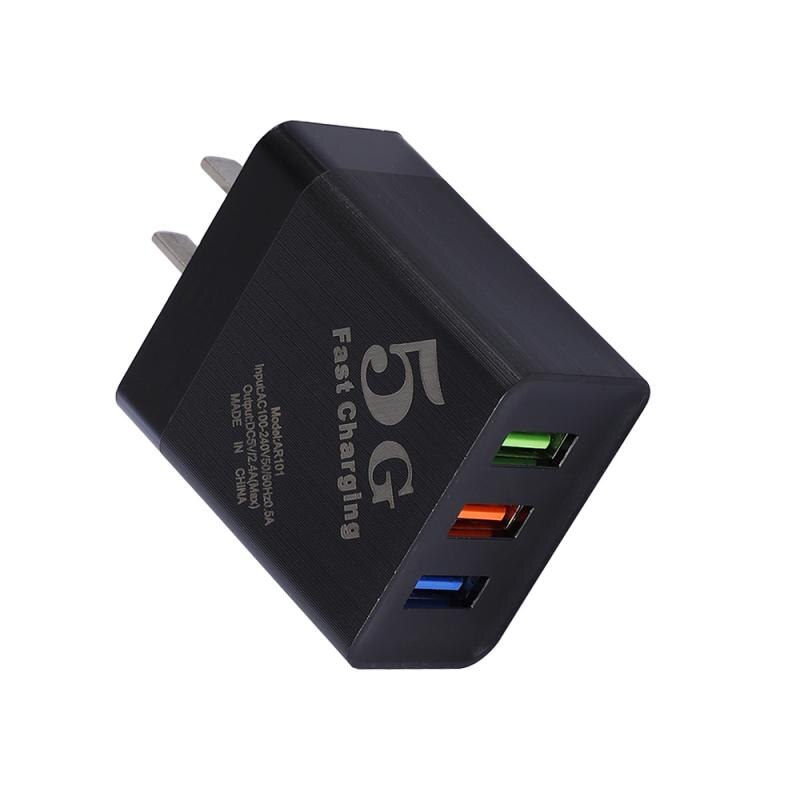 Universal 5V 2.4A Gebürstet Handy Ladegerät Smart 3USB Lade Adapter Reise Ladegerät Handy Ladegeräte Multifunktions: Black US Plug