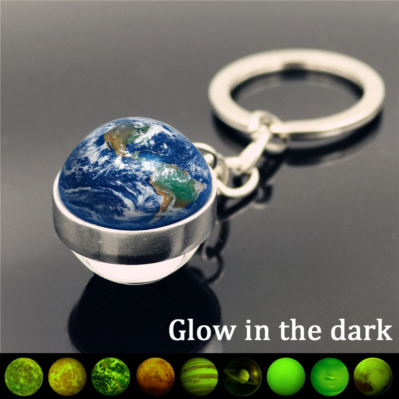 Glow In The Dark Zonnestelsel Planeet Sleutelhanger Charms Lichtgevende Sieraden Accessoires Double Side Glas Bal Sleutelhanger Autosleutel Houder