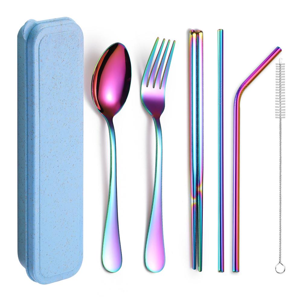 Food Grade 304 Stainless Steel Cutlery Set Silverware with Metal Straw Knife Fork Spoon Chopsticks 8Pcs Portable Travel Flatware: 7pcs rainbow set