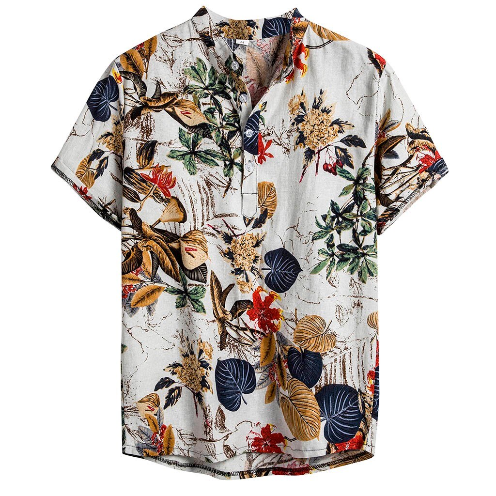 Mens Etnische Korte Mouwen Casual Katoen Linnen Afdrukken Hawaiian Shirt Blousemen 'S Mode Print Shirt