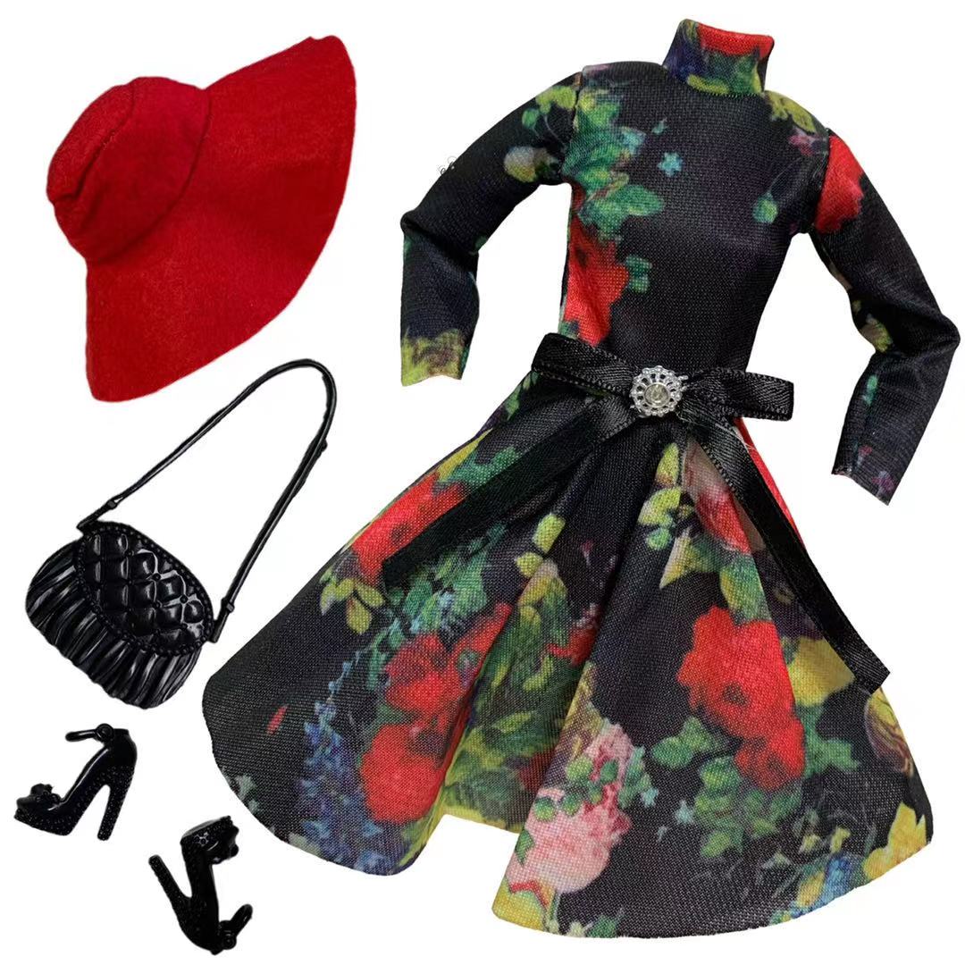 1 conjunto boneca roupas 1:6 escala vestido roupa para 11.5 polegada 30cm boneca vestido floral preto com chapéu vermelho e sapatos para meninas brinquedo presente