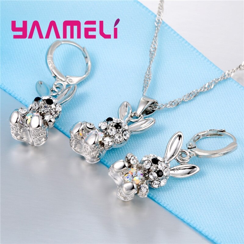 Lovely Cute Rabbit for Women Girls 925 Sterling Silver Jewelry Sets AB Colored Cubic Zircon Necklace Dangle Earrings