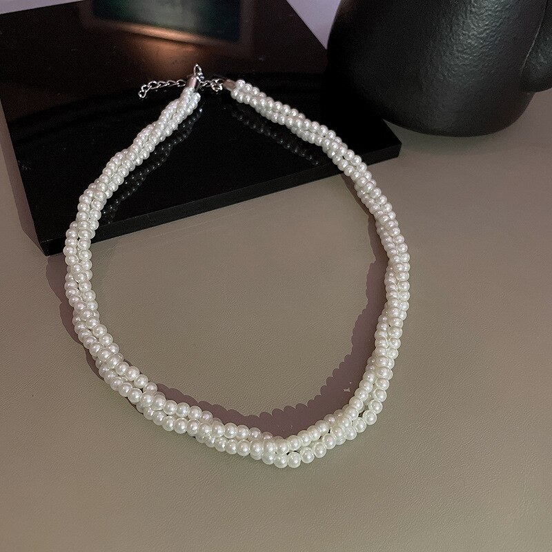Multi-layer pearl winding necklace simple personality choker temperament sense of collar: Default Title