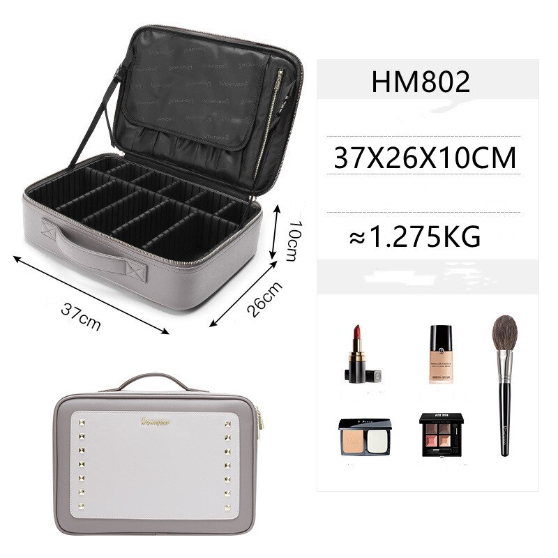 JUNKAI-Bolsa de cosméticos , organizador de maquillaje bonito, material de cuero gris con partición, productos cosméticos de alta capacidad: HM-802