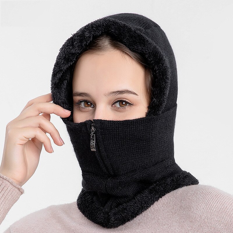 Winter Girl Knitted Hat Fleece Hood Thermal Face Cover with Zip Hat Vogue Neck Warmer Ski Riding Snow Cap Beanie Outdoor