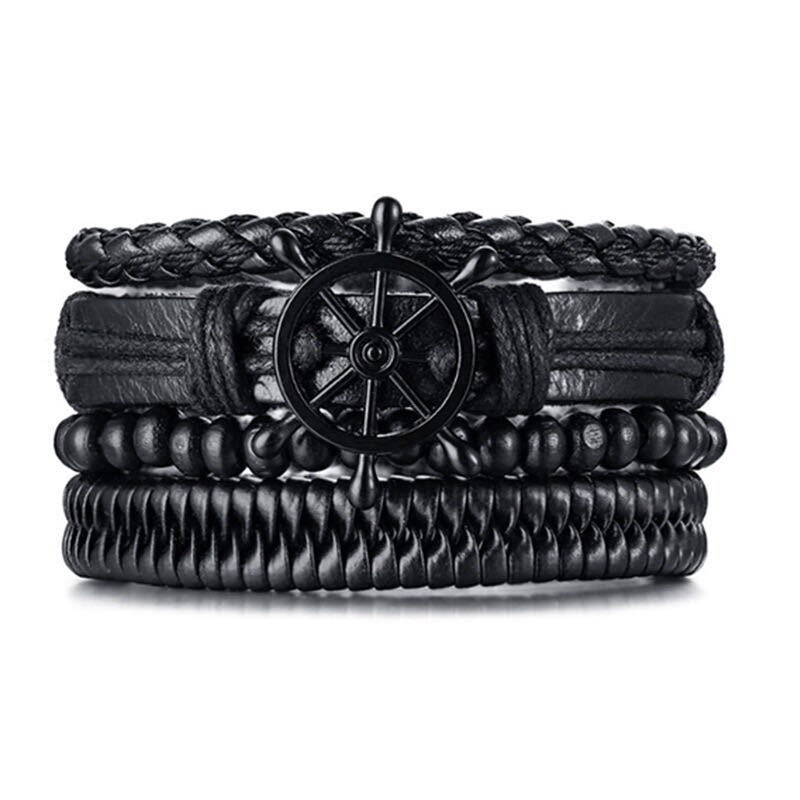 KaiMin 4pcs/ set Adjustable Leather Bracelets for Men Braided PU Black Brown Bangle Life Tree Leaf Rudder Charm Bracelet: JW8034-5