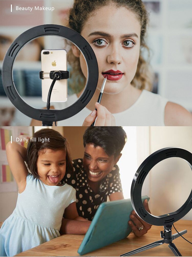 Photography LED Selfie Ring Light 26cm Dimmable 10inch USB Camera Phone Studio Ring Lamp With Tripods For Makeup Video Live