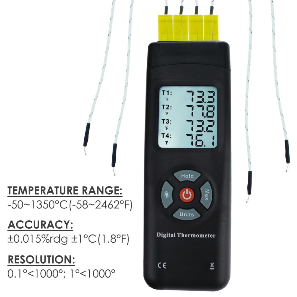 Digital Thermometer K-Type Metal 4 Channel &amp; Bead Probe Thermometer and Backlight K-Type Thermocouples Instrument Hold Function