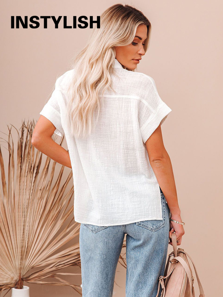 Casual Solid Short Sleeve Cotton Linen Loose Blouse Vintage Harajuku Oversized Shirt Tunic Summer Tops Women