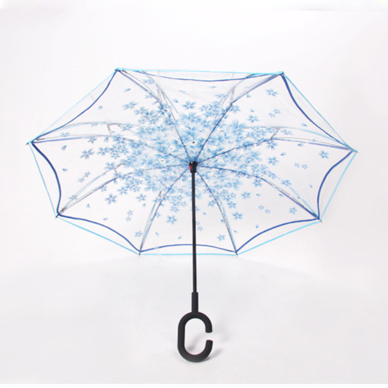 Ombrello trasparente inverso doppio strato invertito antivento manico C ombrelli da pioggia antivento per donna equipaggiamento da pioggia: blu 1