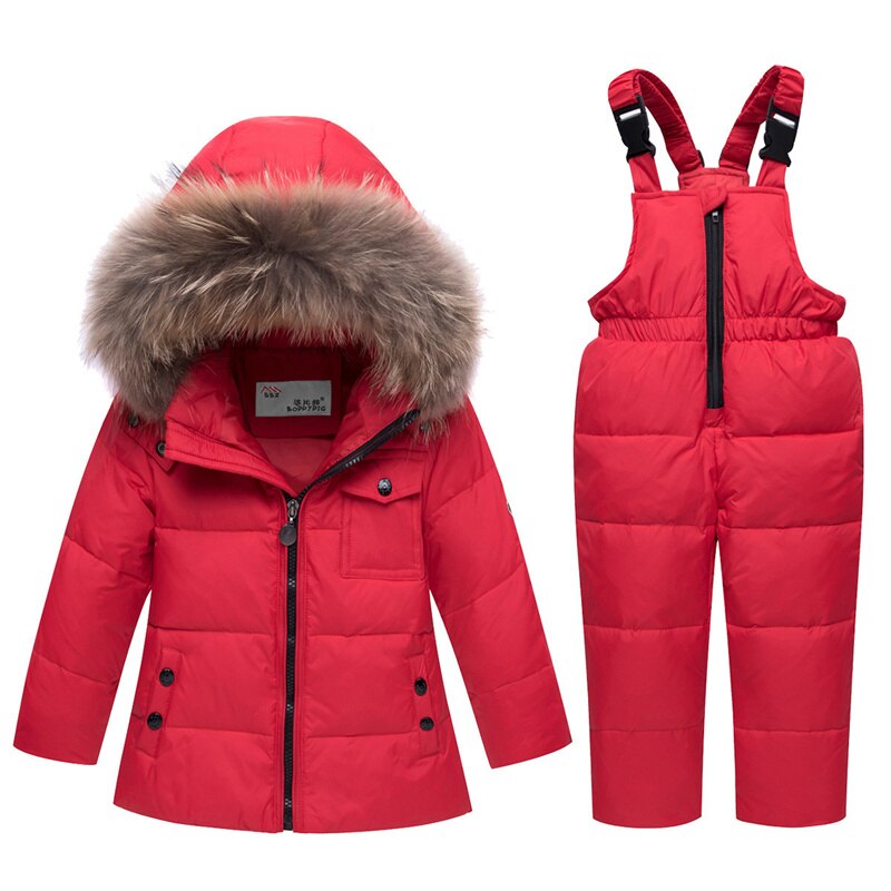 Enfants Ski Ensembles De Fourrure À Capuche Garçon Fille Duvet de Canard Enfants Habineige Vêtements D'hiver Survêtement Manteaux Garçon Filles Vers Le Bas Ski costume: Red / 90