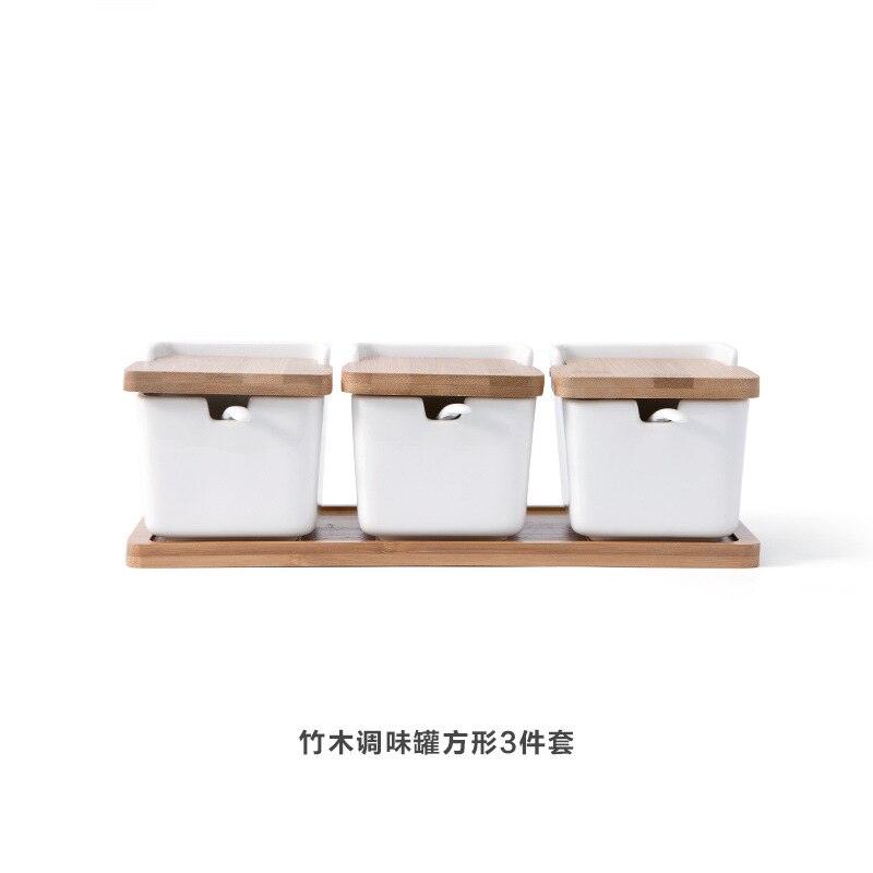 Ceramic Jars with Bamboo Lid Kitchen Cereal Dispenser Multi-function Heat Resistant Spices Containers Bottles with Tray: A-3cps
