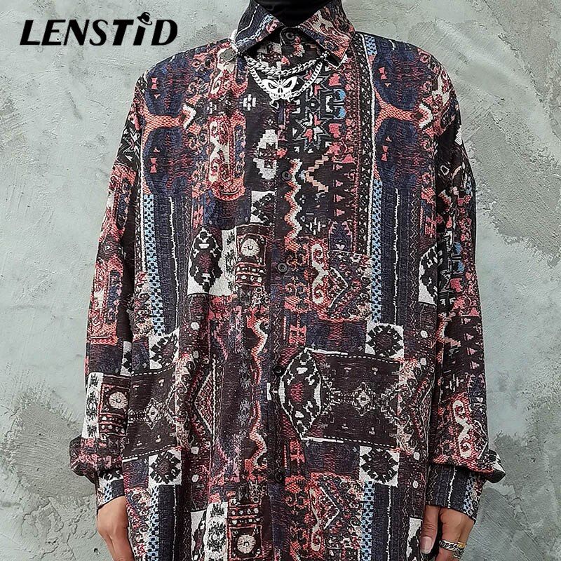 LENSTID Mens Hip Hop Hawaiian Beach Shirt Vintage Pattern Harajuku Streetwear Casual Long Sleeve Oversize Aloha Shirts