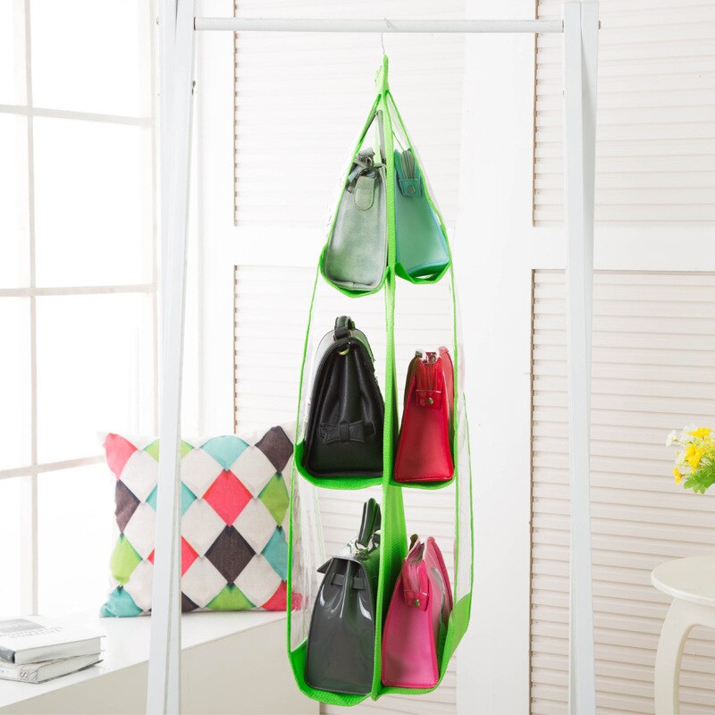 6 Pocket Hanging Handbag Organizer for Wardrobe Closet Transparent Storage Bag Door Wall Clear Sundry Shoe Bag with Hanger Pouch: Green