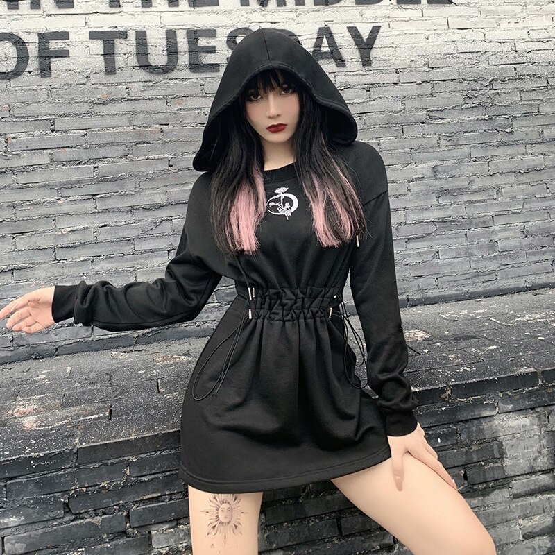 NCLAGEN gotisch Schwarz Punk Hoodies Kleid Mond Stickerei Rose Drucken Mit Kapuze Kleider Frauen Hohe Taille Kordelzug Vestidos de Mujer