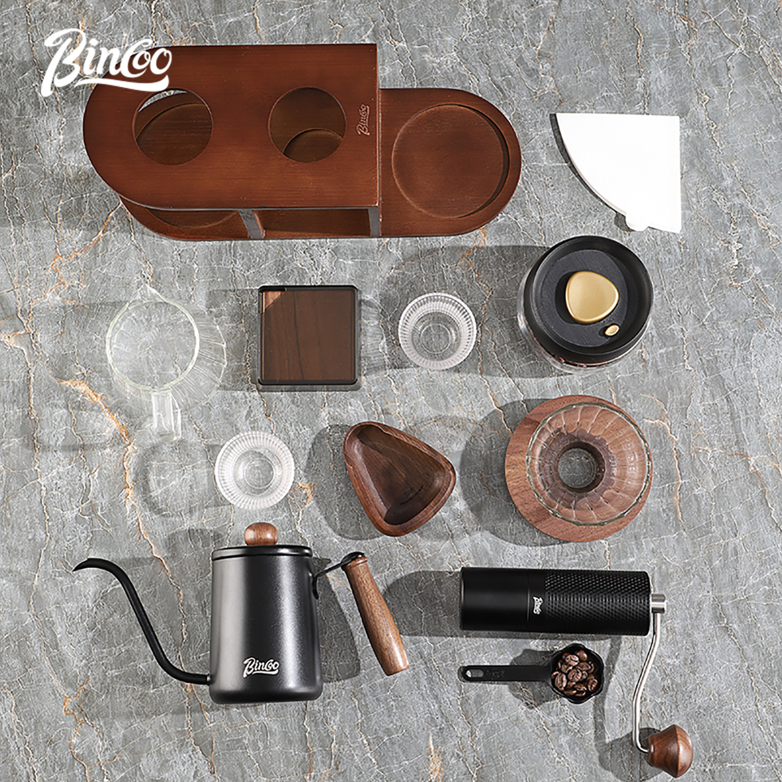 Bincoo rack de armazenamento de moedor de mão de grãos de café, armazenamento doméstico portátil, copo de filtro, suporte especial acessórios de café fabricado à mão
