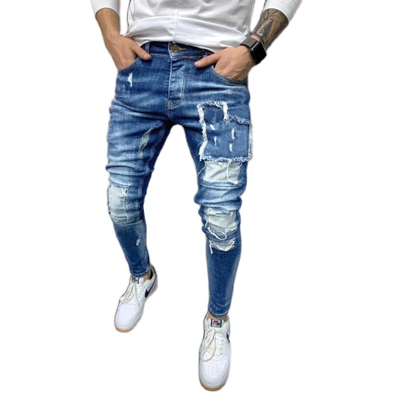 European size men's ripped slim patch jeans men's casual pants