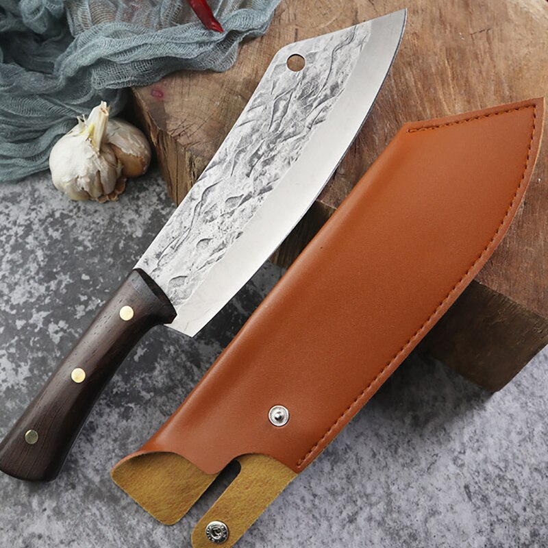 8" Forged Meat Cleaver Kitchen Chef Knife Stainless Steel Fish Vegetables Slicing Butcher Knife with Scabbard