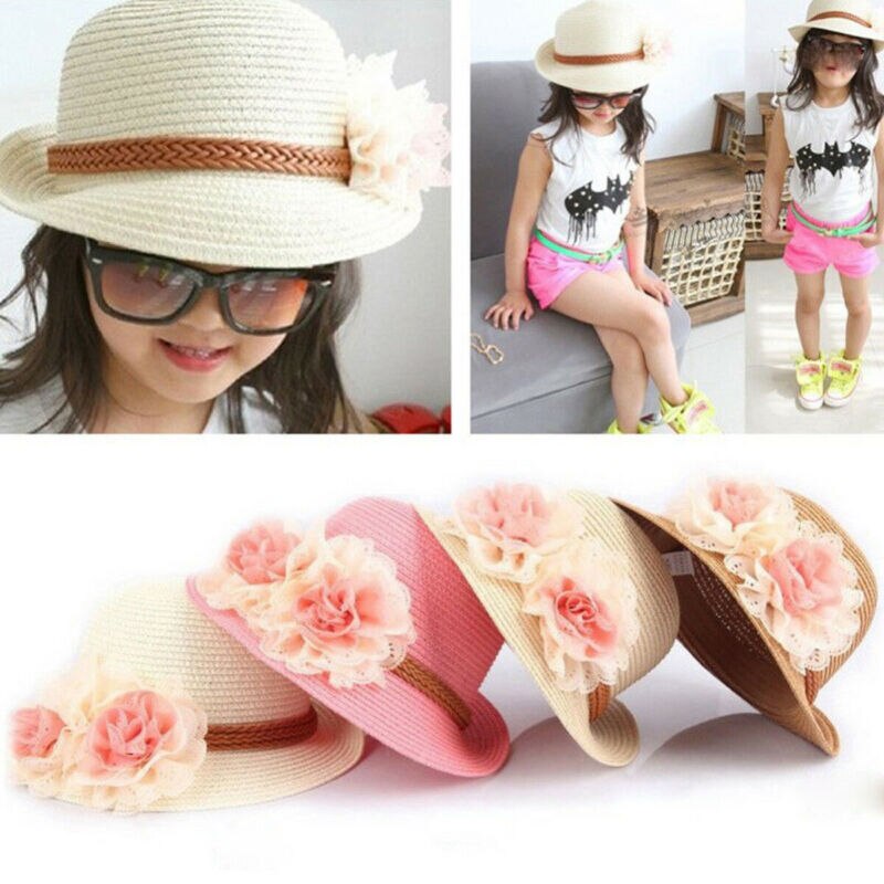 Sombreros para niños y niñas, gorro de paja con flores, transpirable, a prueba de sol, color Beige, blanco, rosa y caqui