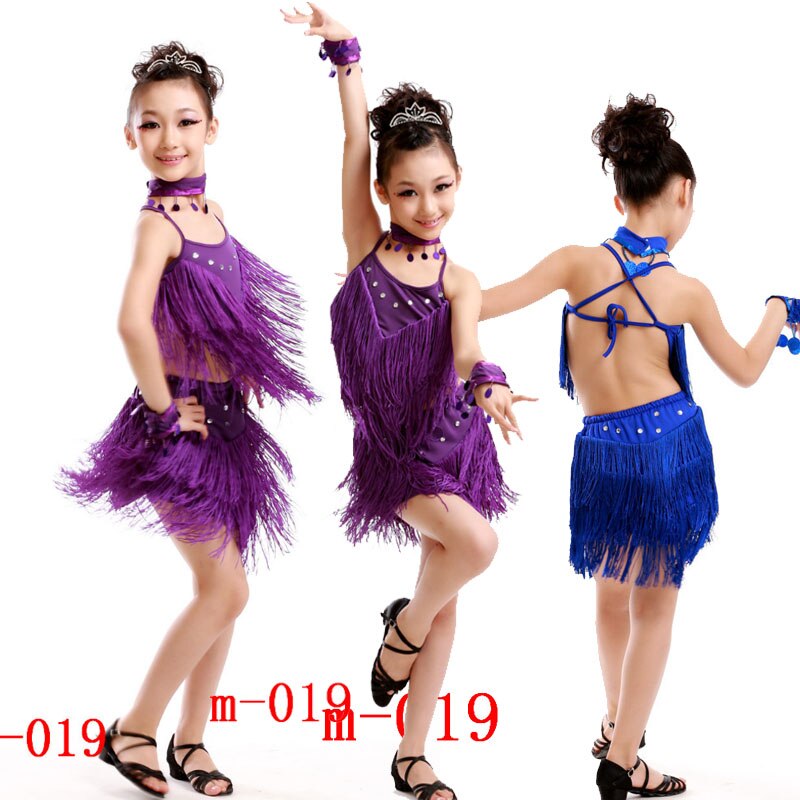 Children Sequined Latin Dance Dress Girl Salsa Stage wear Tassels Dancing Costume Kids Skating Dance Dress Gymnastics Costumes