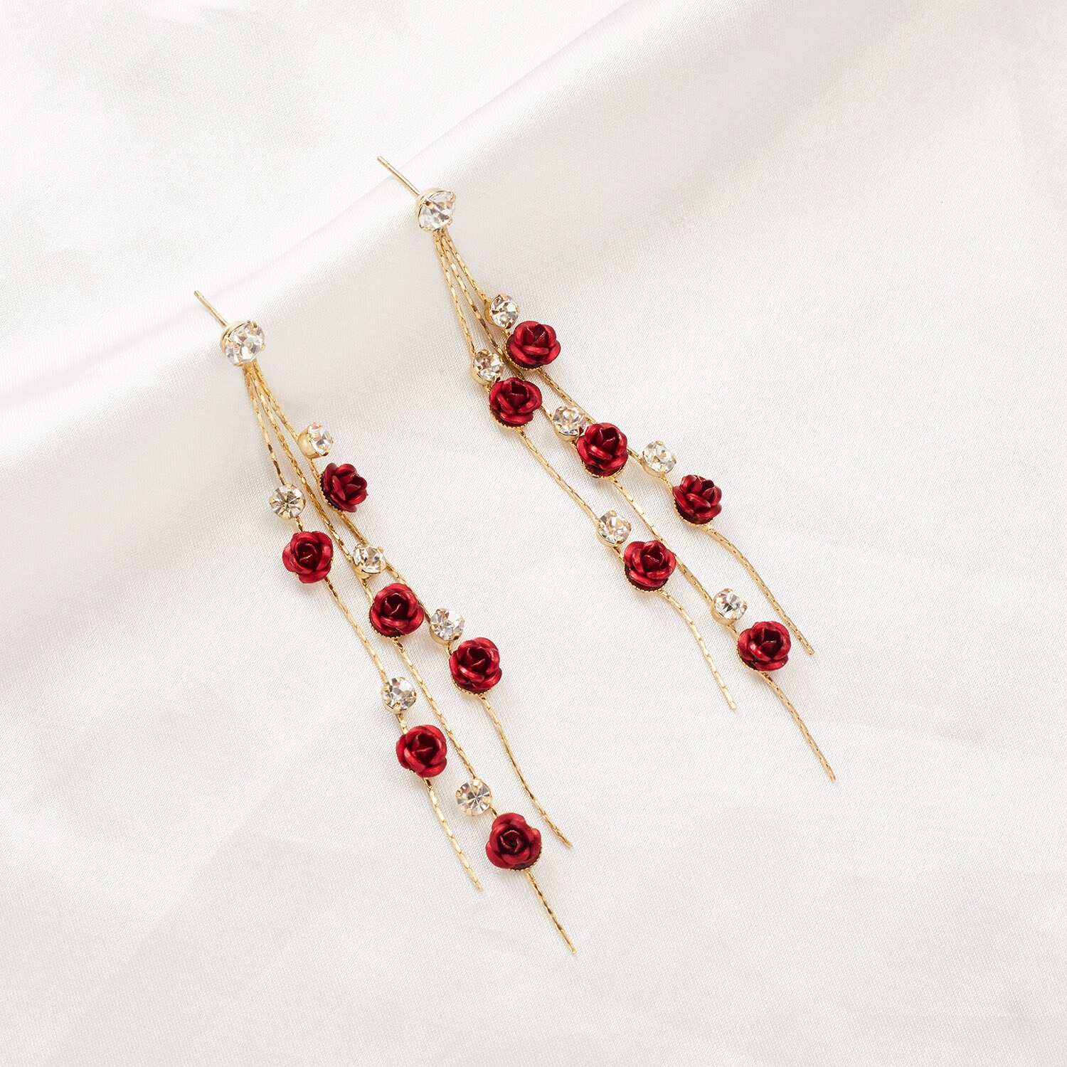 Rose Flower Dangle Oorbellen Voor Vrouwen Lange Tassel Shiny Rhinestone Earring Wedding Party Engagement Sieraden