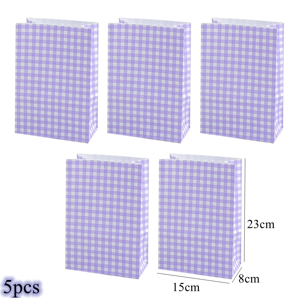 Bolsa de papel Kraft a cuadros colorida, embalaje de flores para aperitivos, galletas y dulces, bolsa de almacenamiento Vertical, de de cumpleaños y boda, 5/10 Uds.: violet