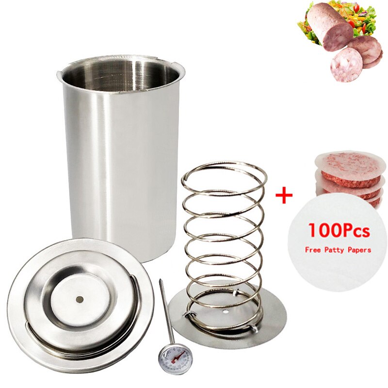 304 Stainless Steel Ham Press Maker Machine Hamburger Making For Meat Poultry Cooked Tools With 100 Pcs Patty Papers Thermometer: 1 Maker 100 Papers
