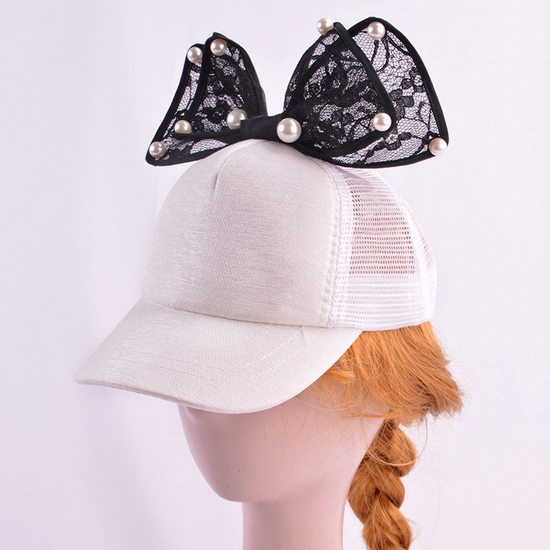 Lapin oreille enfants casquette de Baseball filles Snapback Protection solaire Hip Hop casquettes simulé perle grand arc enfants printemps été chapeau de soleil: white mesh