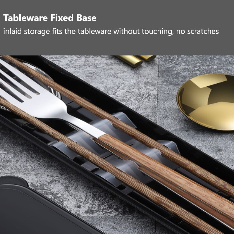 Draagbare Servies Eetstokjes Lepel Set Drie Stuk Met Ingelegd Opbergdozen Outdoor 430 Roestvrij Staal Houten Eetstokjes Set