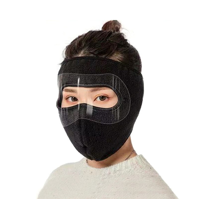 Winter Warm Mask Heating Thickened Fleece Mask Earmuffs For Women Men Outdoor Windproof Dustproof Face Ear Protection Full Masks: Black
