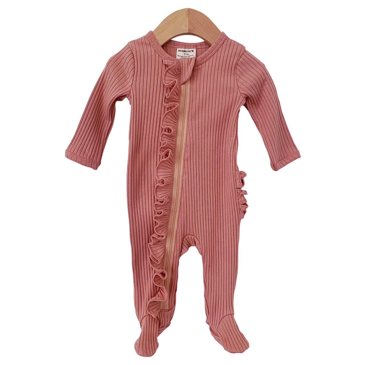 Pasgeboren Een Stuk Footed Pyjama, Baby Effen Kleur Lange Mouw Ronde Hals Ruche Nachtkleding