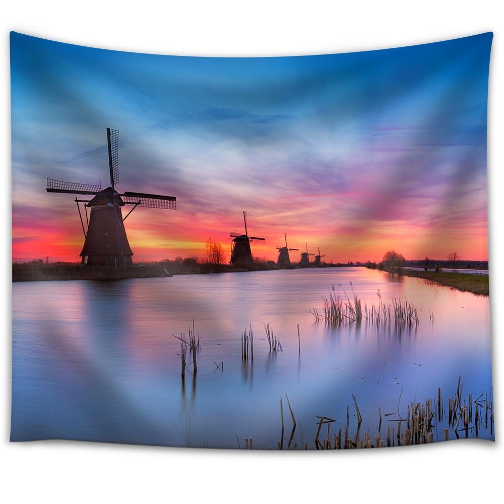 Traditional Dutch Windmills with a Colourful Sky Just Before Sunrise Wall Tapestry