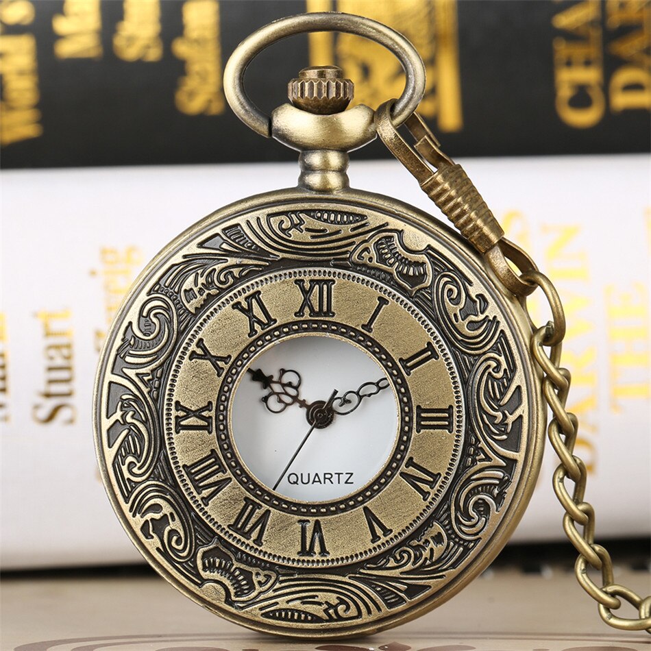 Classic Retro Bronze Roman Numerals Quartz Pocket Watch Half Hunter Arabic Numerals Display Dial Unisex Pendant Pocket Clock
